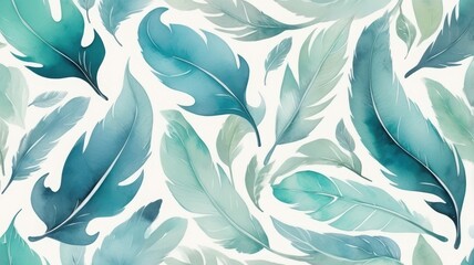 Teal Watercolor Feather Pattern Abstract Seamless Design
