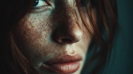 Close Up Portrait of a Woman's Face Emphasizing Natural Beauty and Expressive Emotion in Soft Light