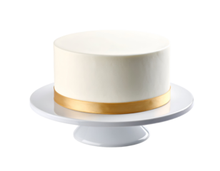 A classic round white cake featuring an elegant gold ribbon, perfectly displayed on a sleek cake stand.