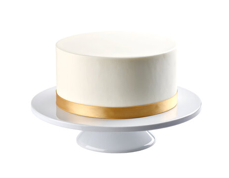 A classic round white cake featuring an elegant gold ribbon, perfectly displayed on a sleek cake stand.