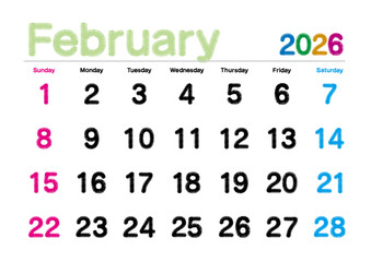 2026年2月の刺繍文字風カレンダー 日曜始まり 日本の祝日表記無し
