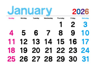 2026年1月の刺繍文字風カレンダー 日曜始まり 日本の祝日表記無し
