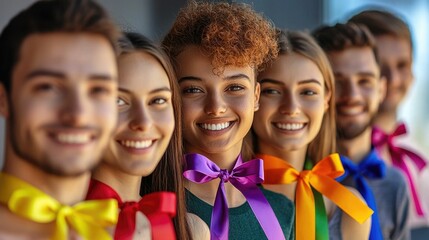 A diverse group of happy community members enthusiastically participating in awareness ribbon activities showcasing unity support and of an important cause or movement