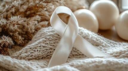 Inspiring and Symbolic Awareness Ribbon Display with Motivational Quote Presented in a Calming and Contemplative Ambiance on a Neutral Backdrop