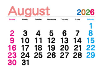 2026年8月の刺繍文字風カレンダー 日曜始まり 日本の祝日表記無し
