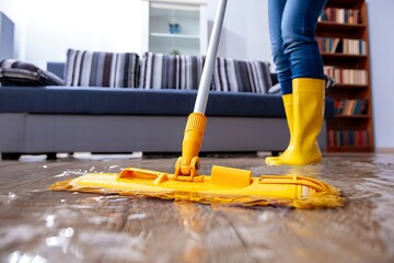 Yellow mop cleaning flooded wooden floor water