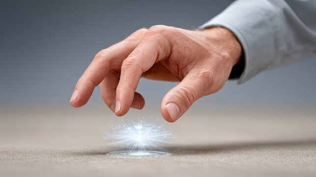 5G for disaster response, A close-up of a hand reaching toward a small, glowing holographic interface on a flat surface. - Powered by Adobe