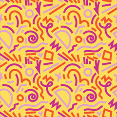 Abstract 80s or 90s hand drawn seamless pattern. memphis style hand drawn illustration. Bright trendy color palette. Circles, squares, lines, spiral. Yellow, pink, orange