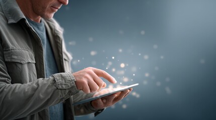 5G for disaster response, A person uses a tablet, interacting with digital light particles floating above the screen, symbolizing technology and connectivity.
