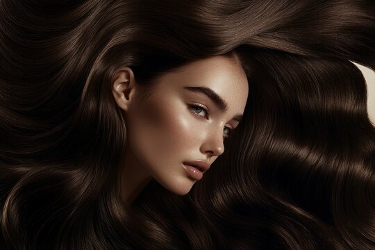 Elegant portrait with flowing brown hair in soft light. Neural network AI generated