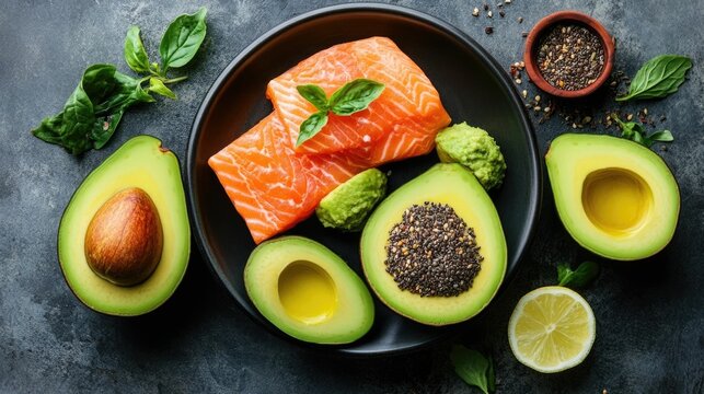 Collagen Rich Salmon and Avocado Plate A Vibrant Healthy Meal for Wellness and Beauty  This visually appealing dish features fresh nutritious ingredients like omega 3 rich salmon creamy avocado