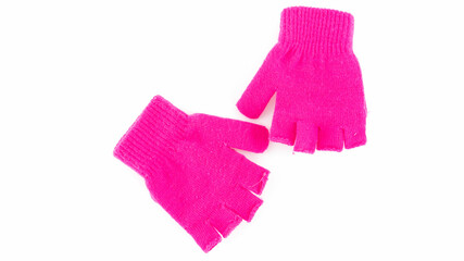 Bright pink fingerless gloves on white background