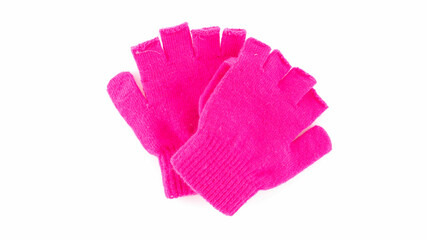 Bright pink fingerless gloves on white background