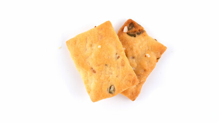 Savory baked crackers on white background