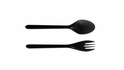 Black spoon and fork set on white background