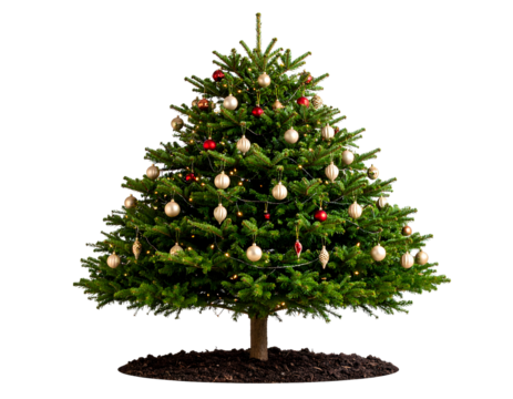 A vibrant evergreen Christmas tree, richly adorned with sparkling lights and traditional ornaments, symbolizes holiday