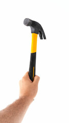 Holding hammer against white background