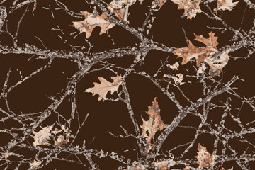 A Realtree-inspired camo with realistic twigs, leaves, and shadows.A  detailed, high-resolution camouflage of tree branches and leaves for hunting and outdoor activities.