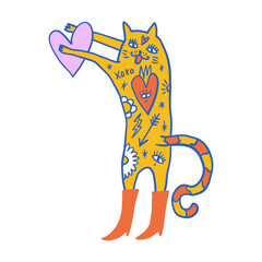 Vector clipart fashion tattooed ginger orange fur color cat in red color boots sticker. EPS and JPG illustration. Funky kitten doodle trendy print, colorful hand drawn childish cartoon positive vibe