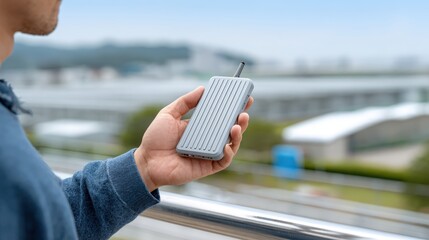 5G for disaster response, A person holds a portable external hard drive outdoors with an industrial landscape blurred in the background.