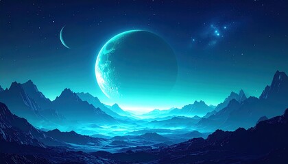Serene cosmic landscape featuring a large planet and distant moons over tranquil mountains at night