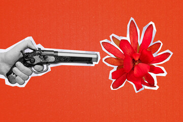 Trend artwork composite 3D photo collage design of anonymous hand hold shooting gun attack crime...