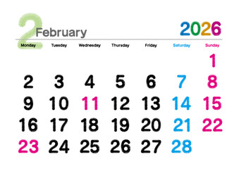 2026年2月の刺繍文字風カレンダー 月曜始まり