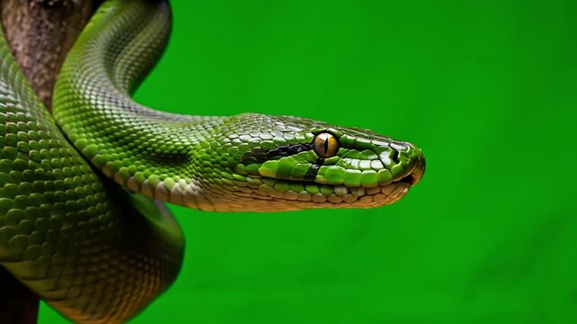 Green Tree Python Close-up with Green Screen Background Snake and Tongue Flickering