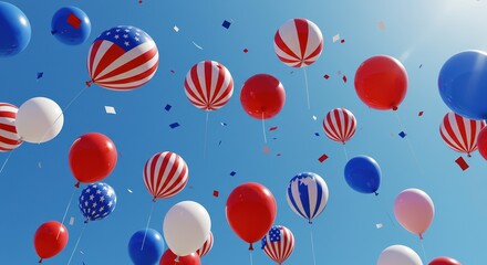 Obraz premium Balloons and confetti for 4th of July in colors of USA flag, stars and stripes, flying in blue sky. Independence day celebration