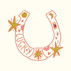 Cowgirl western art groovy boho hippie coquette aesthetic. Horseshoe with Lucky text lettering. Hand drawn line coloring art vector illustration clipart. Bohemian postmodern funky psychedelic style