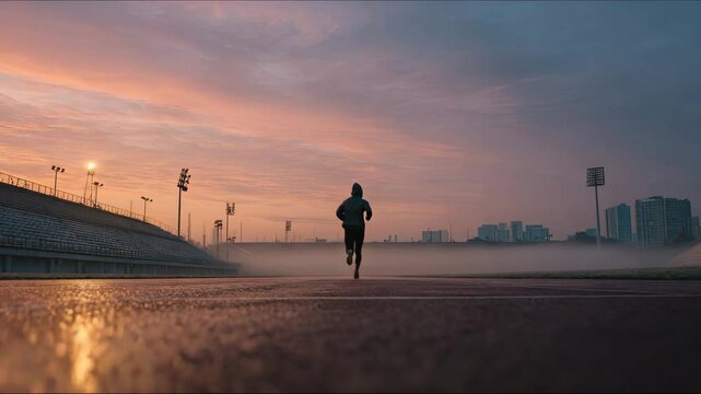 A lone runner sprints on a track during a beautiful sunrise, training for the day.