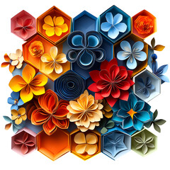 Obraz premium Birthday-themed paper decorations with a geometric hexagon pattern, vibrant colors, ultra-detailed, isolated on a white background