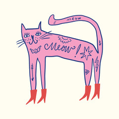Vector clip-art fashion tattooed cat in red color boots sticker. EPS and JPG illustration. Funky kitten doodle trendy print, colorful hand drawn childish cartoon positive vibe art. Groovy kids girlish