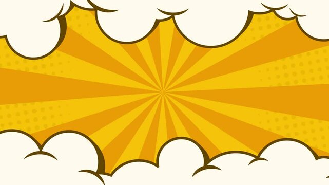 animated sunburst with clouds on comic cartoon style, retro pop art element, 4K animation
