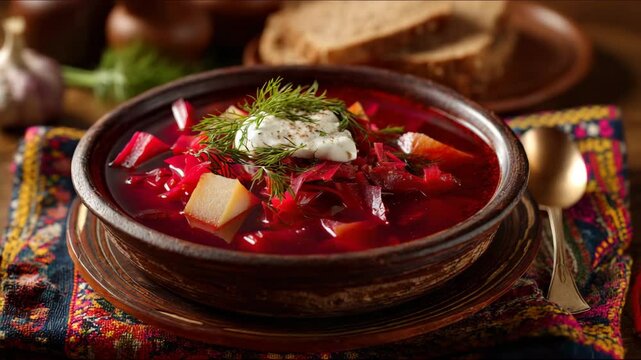 A bowl of vibrant borscht is served with bread on a rustic wooden table.