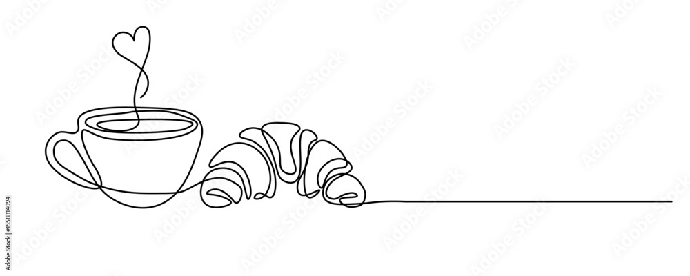 Poster one continuous line drawing of coffee cup and french croissant on transparent background. minimalist