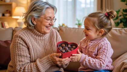smiling grandmother gifting a heart shaped box of chocolates to her grandchild in a warmly lit livin