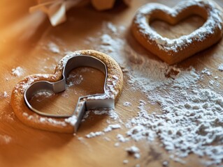 Heart-shaped cookies being made on a wooden table, with cookie cutters and powdered sugar.