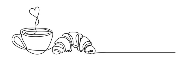 One continuous line drawing of coffee cup and French croissant on transparent background. Minimalist line art design for cafe or restaurant menu, web banner. Editable stroke. Vector Illustration
