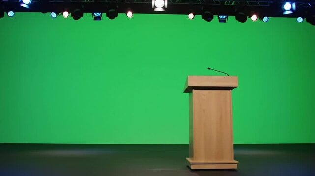 Podium with microphone on stage with green screen background in studio setup