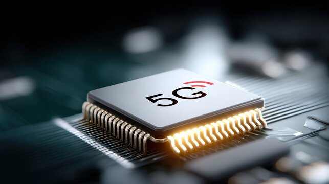 5G for disaster response, A close-up of a microchip labeled "5G" on a circuit board, symbolizing advanced wireless technology and high-speed connectivity.