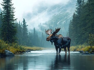 Majestic moose wading in a tranquil river valley