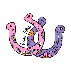 Cowgirl western art groovy coquettish boho hippie coquette aesthetic. Pink tattooed horseshoe with Lucky text lettering. Hand drawn line coloring art vector illustration clip-art. Bohemian postmodern