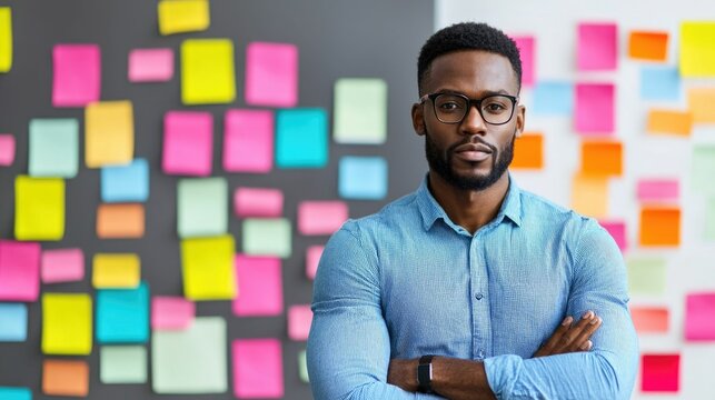 Portrait of an African man wearing a blue shirt sitting at a modern office workspace and brainstorming with colorful sticky notes spread out on the desk in front of him  Concept of creativity