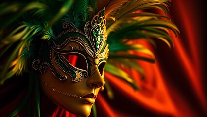 Vibrant Feathered Headdress on Red Textile Background