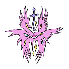 Bible cartoon pink accurate angel hand-drawn doodle psychedelic illustration with many eyes isolated clipart on white background. Perfect for tattoo or sticker or t shirt print and more. Be not afraid