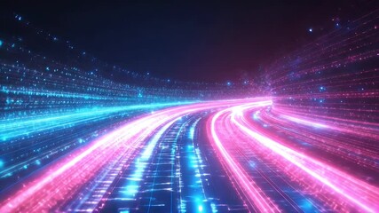 Abstract digital tunnel with neon light trails - Powered by Adobe