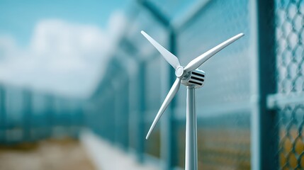 5G for disaster response, A small wind turbine is placed outdoors with a blurred fence and blue sky in the background.