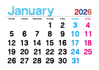 2026年1月の刺繍文字風カレンダー 月曜始まり 日本の祝日表記無し
