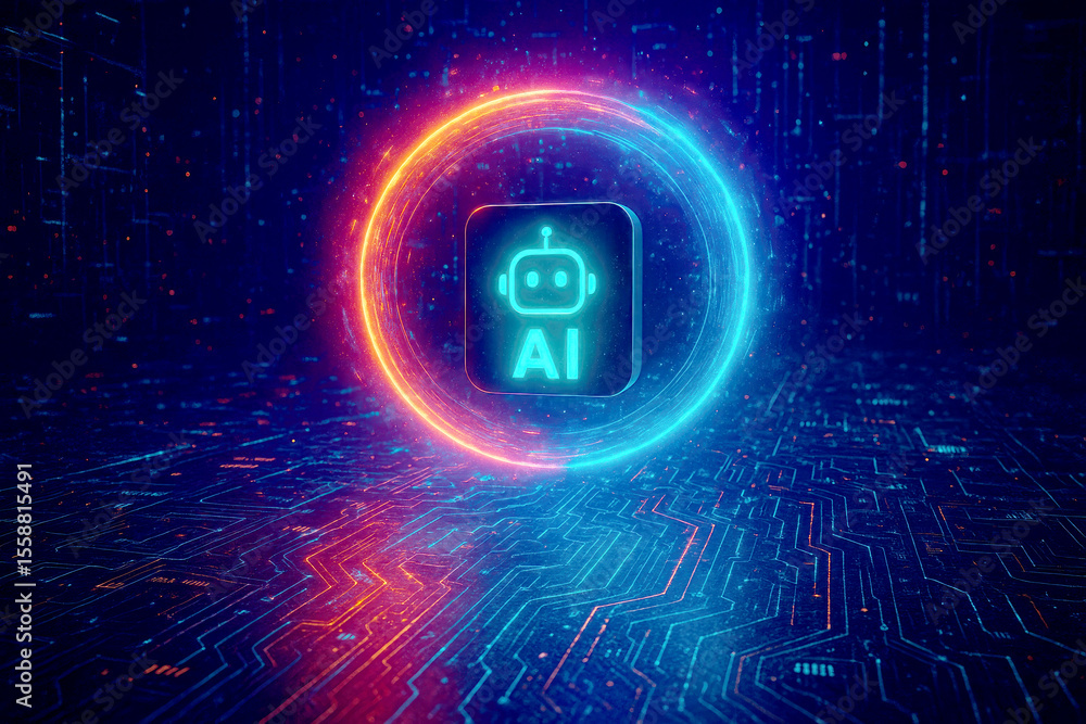 Poster glowing robotic intelligence symbol in neon circle over digital circuit board artificial intelligenc